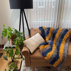 Chunky Knit Blanket in Blue, Yellow, and Gray